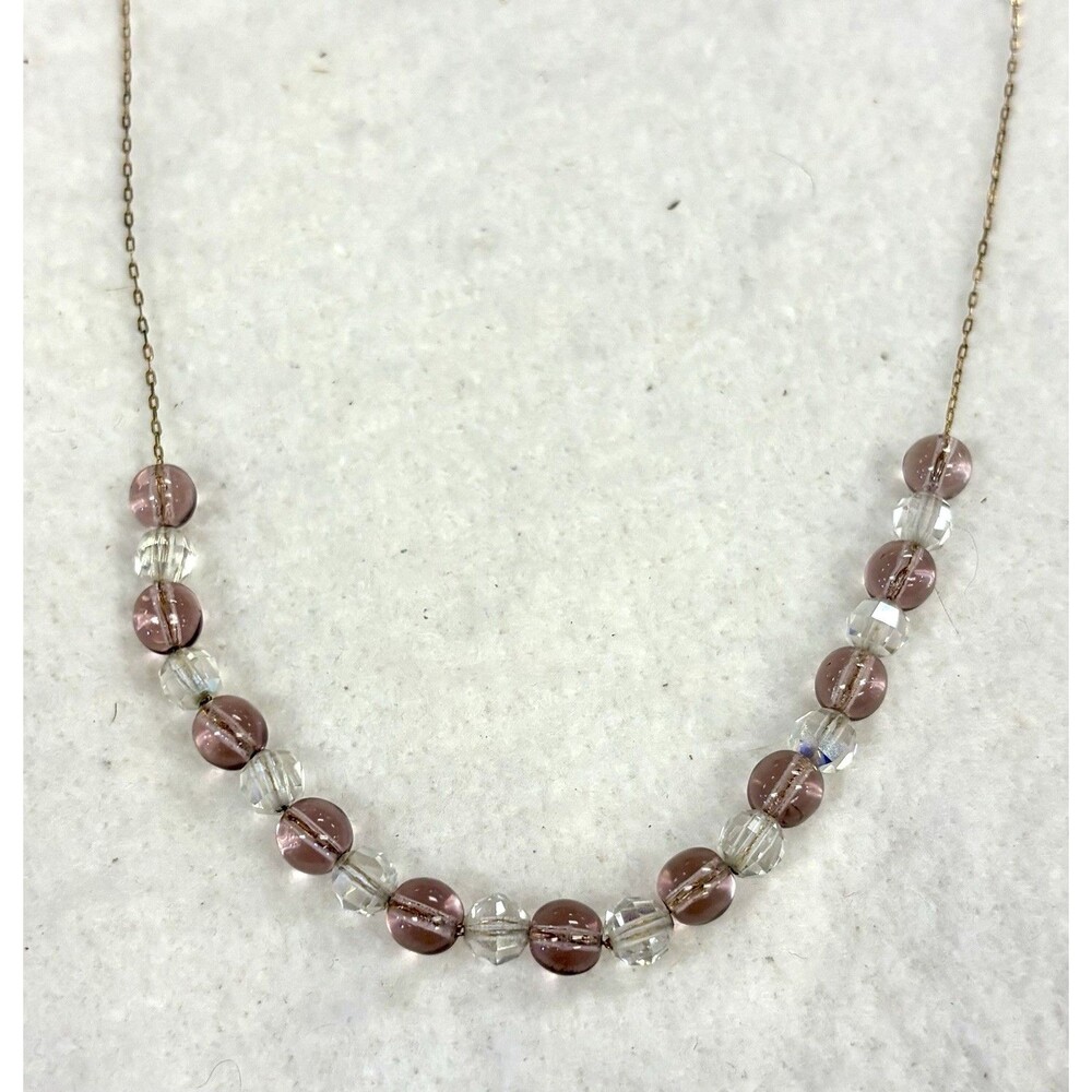 Vintage Art Deco Mauve Purple Clear Cut Glass Crystal Bead Necklace Gold-Tone 24